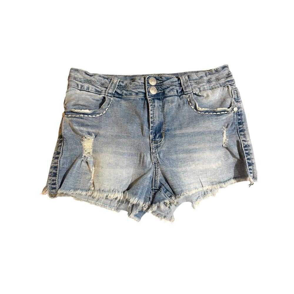 Vintage Almost Famous Blue Exposed Stitching Raw Hem Cut Off Denim Shorts sz 11